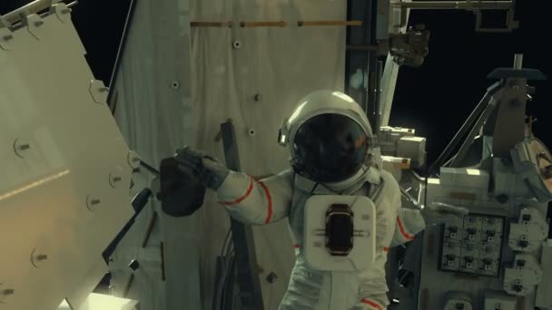 Кинематографический Снимок Космонавта Работающего Мкс Реалистичная Анимация — стоковое видео