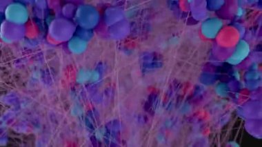 3D kürelerden oluşan parçacık nöral ağı mavi ve pembe eğimli. Siyah arkaplanda soyut video animasyonu izole edildi. 3 Boyutlu Hazırlama.