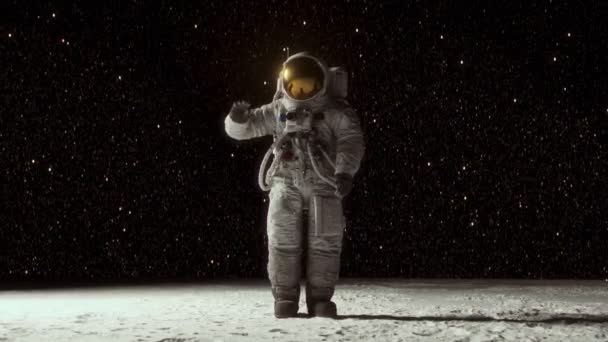 Astronot Melambaikan Tangan Permukaan Bulan Animasi Cgi Gaya Sinematik Terlihat — Stok Video