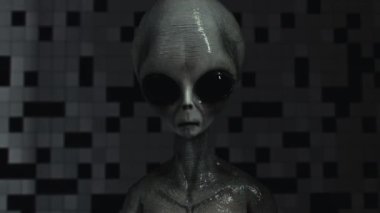 Realistic closeup of an alien with flickering lights. UFO extraterrestrial concept. 4K CGI animation.