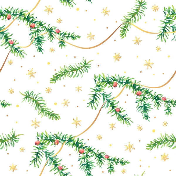 Seamless Pattern Christmas Symbol Christmas Tree Cones Stars Snowflakes Watercolor — Stock Vector
