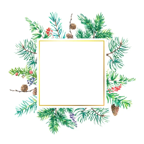 红莓的圣诞冷杉花环 Spruce新年框架 装饰元素 水彩画中的矢量插图 — 图库矢量图片