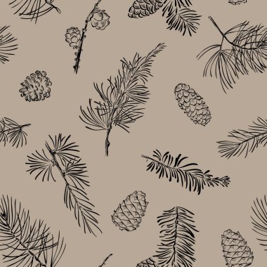 Köknar dallarıyla kusursuz desen. Noel ve Yeni Yıl geçmişi. Vektör illüstrasyonu.