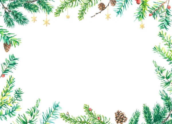 圣诞节冷杉背景 Spruce新年框架 装饰元素 水彩画中的矢量插图 — 图库矢量图片