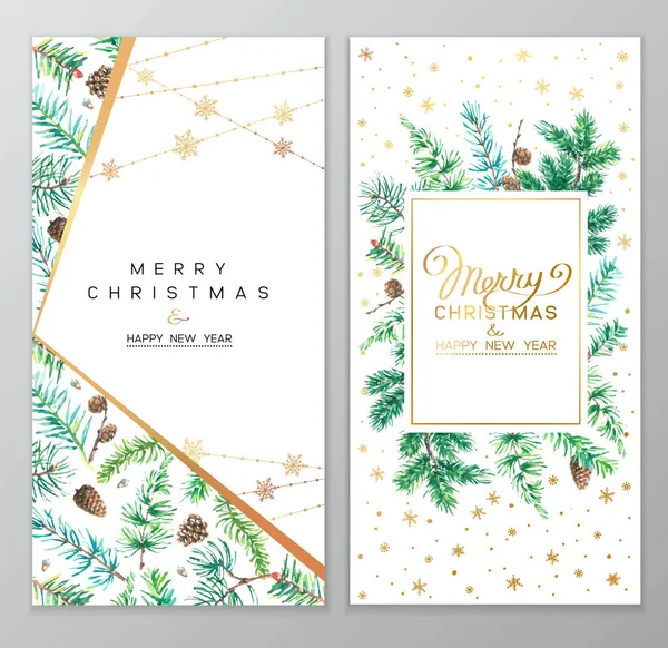 stock vector Christmas Poster set. Vector illustration of Christmas Background with branches of christmas tree in watercolor style.
