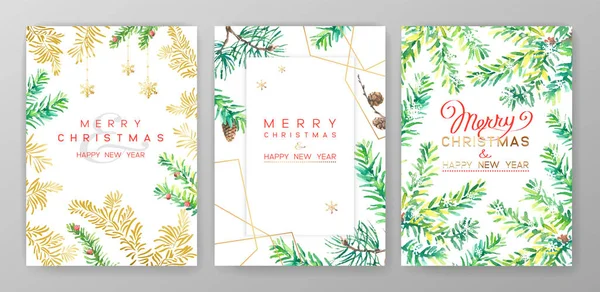圣诞海报集 圣诞节背景的矢量图解 用水彩画的圣诞树枝条 — 图库矢量图片