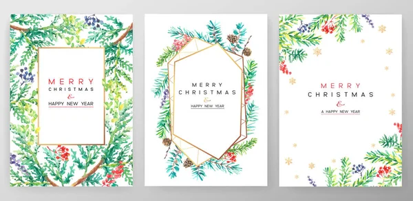 圣诞海报集 圣诞节背景的矢量图解 用水彩画的圣诞树枝条 — 图库矢量图片