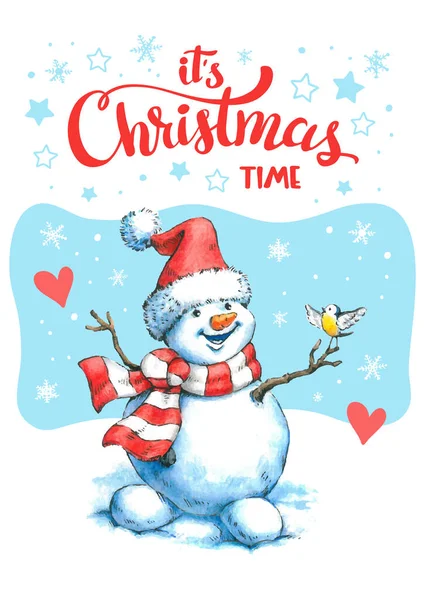 Weihnachtsgrußkarte Mit Aquarell Schneemann Und Schneeflocken Illustration Zum Neuen Jahr — Stockvektor