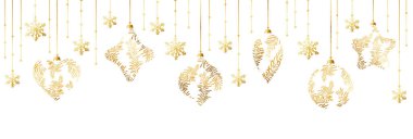 Noel Posteri. Beyaz üzerine altın Noel süslemeleri olan Noel arkaplanının vektör illüstrasyonu.