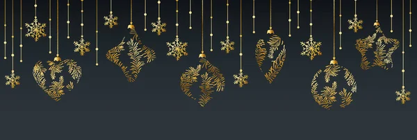 Kerstposter Vector Illustratie Van Kerstachtergrond Met Sneeuwvlokken Gouden Kerstversieringen — Stockvector