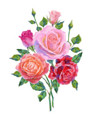 Vector high detailed bouquet of realistic rose flowers on white for design. Oil or acrylic painting roses.