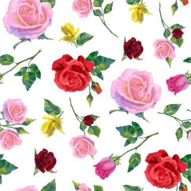 Floral pattern with multicolored roses. Vector seamless pattern with oil or acrylic painting roses for your design