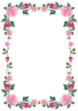 Vector background with pink rose flowers and green leaves. Floral Frame of cute oil or acrylic retro flowers, perfect for wedding invitations and birthday