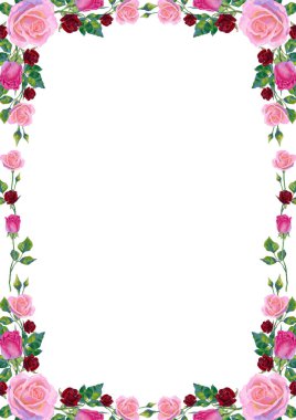 Vector background with pink and red rose flowers and green leaves. Floral Frame of cute oil or acrylic retro flowers, perfect for wedding invitations and birthday