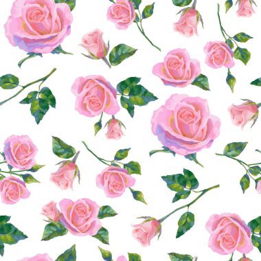 Floral pattern with pink roses. Vector seamless pattern with oil or acrylic painting roses for your design