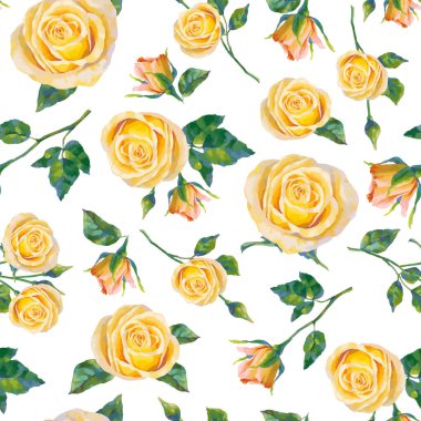 Floral pattern with yellow roses. Vector seamless pattern with oil or acrylic painting roses for your design