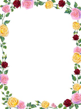 Vector background with pink and red rose flowers and green leaves. Floral Frame of cute oil or acrylic retro flowers, perfect for wedding invitations and birthday