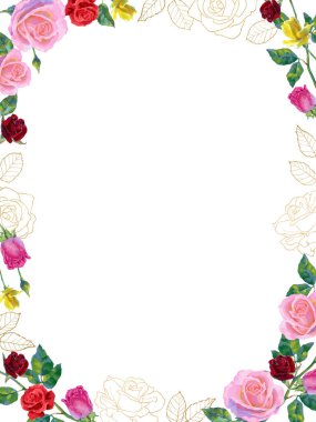 Vector background with pink and red rose flowers and green leaves. Floral Frame of cute oil or acrylic retro flowers, perfect for wedding invitations and birthday