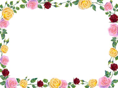 Vector background with pink and red rose flowers and green leaves. Floral Frame of cute oil or acrylic retro flowers, perfect for wedding invitations and birthday