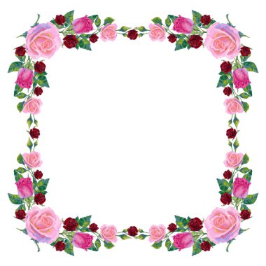 Vector background with pink and red rose flowers and green leaves. Floral Frame of cute oil or acrylic retro flowers, perfect for wedding invitations and birthday