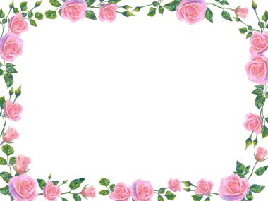 Vector background with pink rose flowers and green leaves. Floral Frame of cute oil or acrylic retro flowers, perfect for wedding invitations and birthday