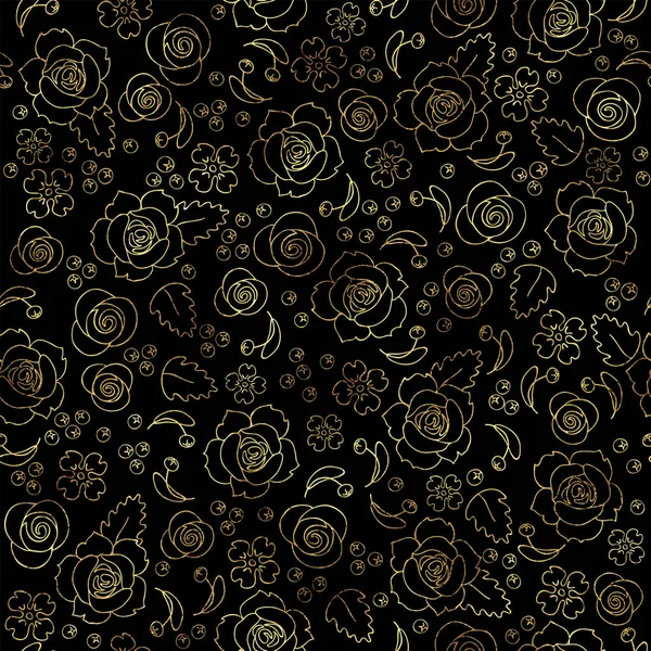 黒の背景に金色の線のバラとシームレスなヴィンテージの花のパターン 装飾的なラックススタイルのパターン — ストックベクタ