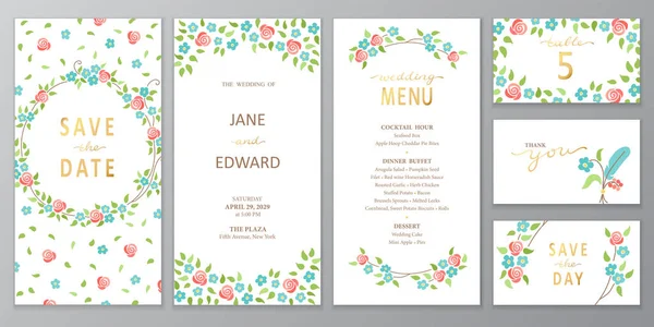 Vector Vertical Wedding Invitation Cards Set Rose Blue Flowers Green — Stock Vector