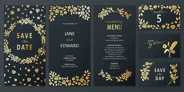 Vector Vertical Wedding Invitation Cards Set Black Gold Leaves Flowers — Stock Vector