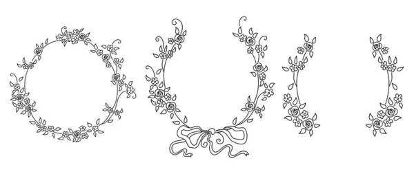 Ручные Рисунки Круглые Цветочные Рамки Эскиз Цветок Листья Ветви Украшения — стоковый вектор