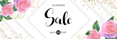 Pembe güllü ve altın elementli indirimli pankart. Vektör illüstrasyonu.