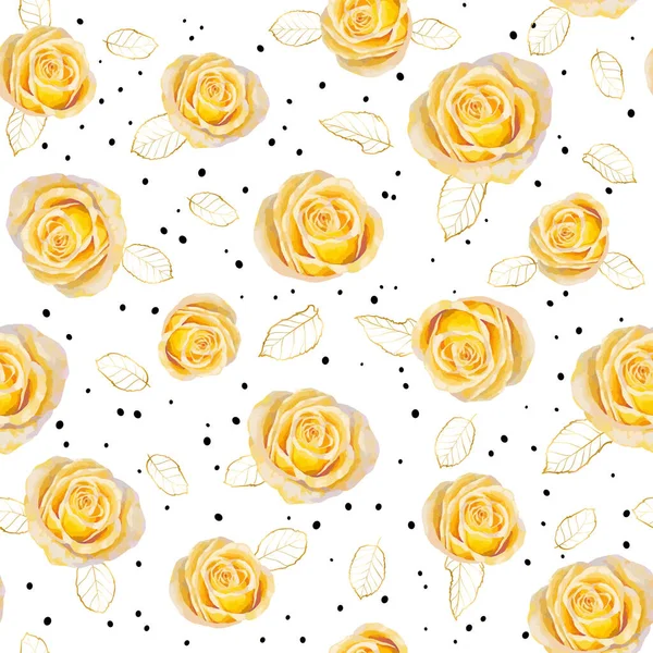 黄色のバラ 黄金の葉と黒のドットと花のパターン あなたのデザインのための油やアクリル絵具のバラとベクトルシームレスパターン — ストックベクタ