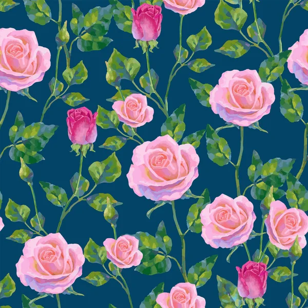 Patrón Floral Con Rosas Rosadas Sobre Fondo Azul Patrón Sin — Vector de stock