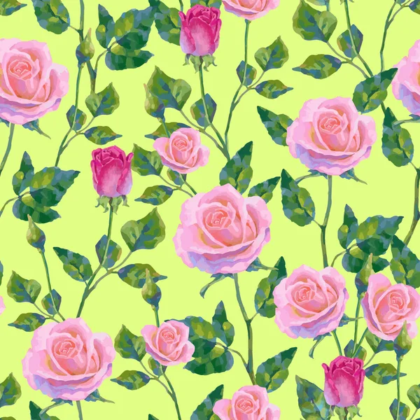 Floral Pattern Pink Roses Light Yellow Green Background Vector Seamless — Stock Vector