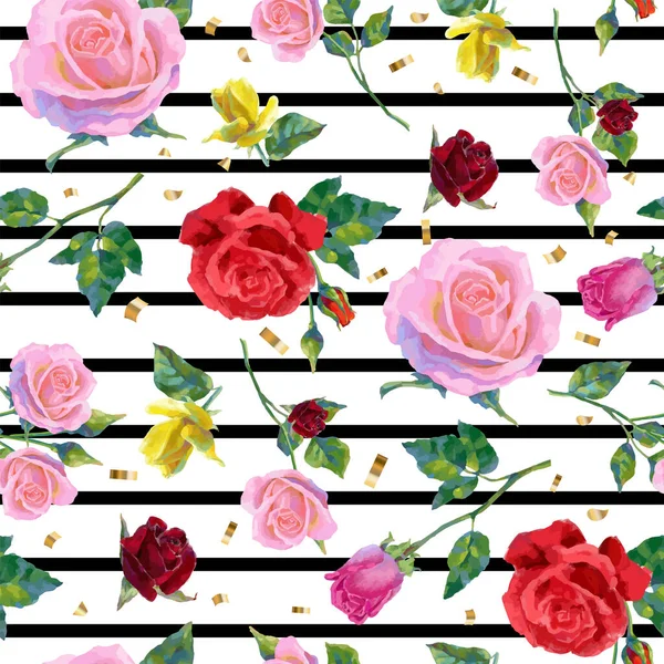 Blumenmuster Mit Bunten Rosen Und Schwarzen Linien Vektor Nahtlose Muster — Stockvektor
