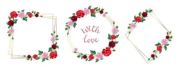 Set Von Date Hochzeitseinladung Rahmen Aus Roten Rosen Blumen Mit — Stockvektor