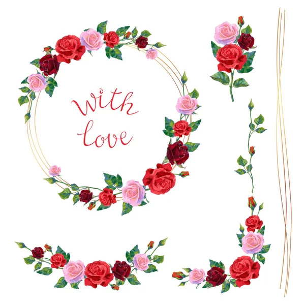 黄金の幾何学的なフレームを持つ赤いバラの花の日付の結婚式の招待枠を保存のセット 結婚式の保存のための赤い花の結婚式の挨拶のためのベクトル花の華やかなデザイン日付または婚約 — ストックベクタ