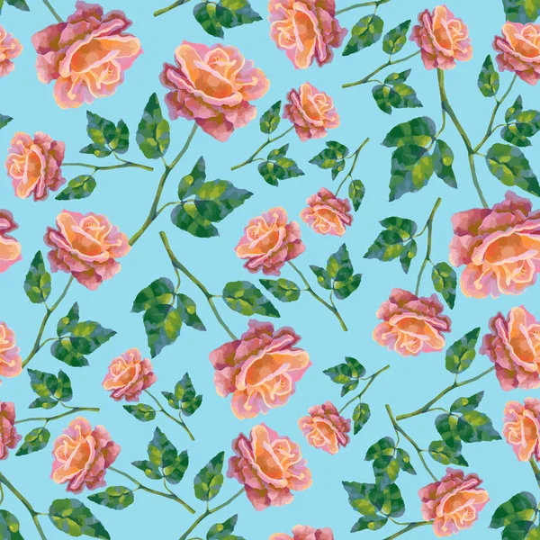 ピンクのバラの花模様 あなたのデザインのための青の背景に油やアクリル絵具のバラとベクトルシームレスパターン — ストックベクタ