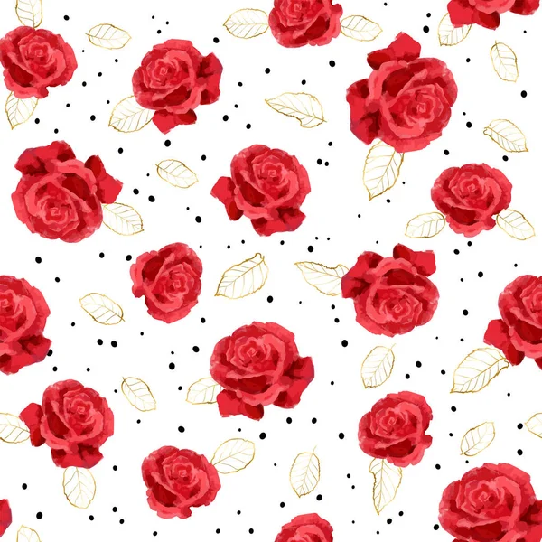 赤いバラ 黄金の葉と黒のドットと花のパターン あなたのデザインのための油やアクリル絵具のバラとベクトルシームレスパターン — ストックベクタ