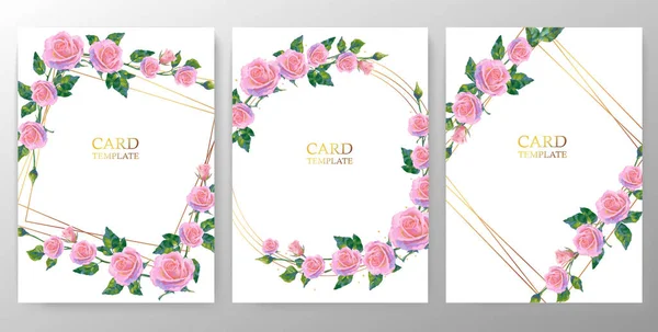 Set Date Wedding Invitation Frame Pink Roses Flowers Golden Geometric — Stock Vector