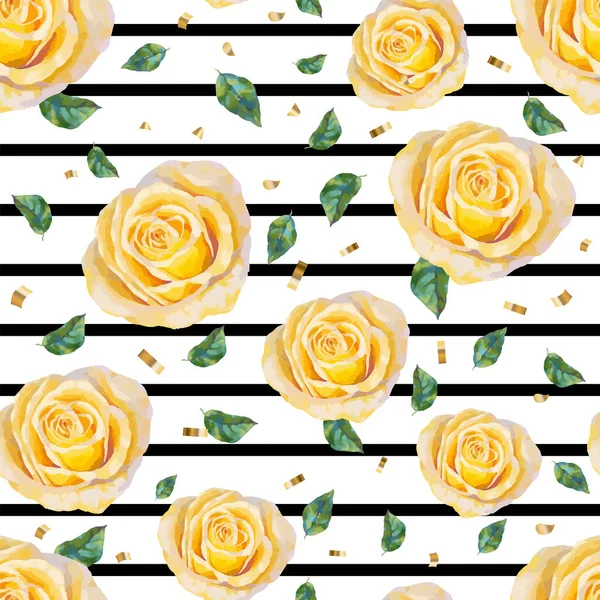 Blumenmuster Mit Gelber Rose Und Schwarzen Linien Auf Weißem Hintergrund — Stockvektor