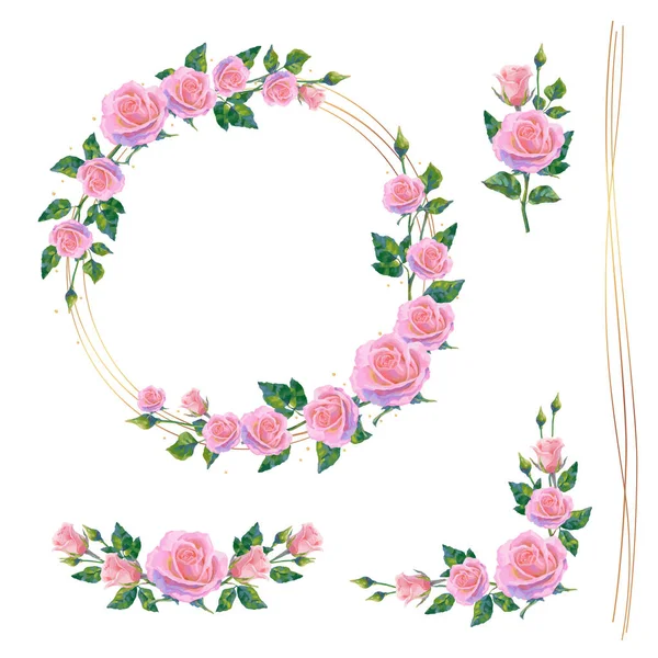 黄金の幾何学的なフレームとピンクのバラの花の日付の結婚式の招待枠を保存のセット 結婚式の保存のための赤い花の結婚式の挨拶のためのベクトル花の華やかなデザイン日付または婚約 — ストックベクタ