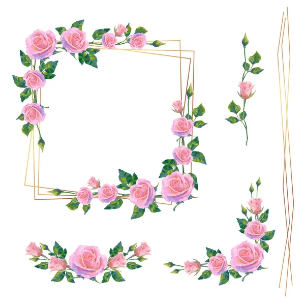 Набір Зберегти Дату Весільного Запрошення Рамки Рожевих Троянд Золотими Геометричними — стоковий вектор
