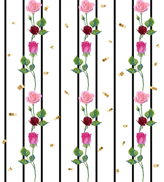 多色のバラと黒い線で花模様 あなたのデザインのための油やアクリル絵具のバラとベクトルシームレスパターン — ストックベクタ