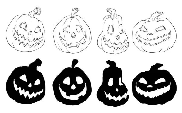 Cartoon Vector Illustratie Van Zwart Wit Halloween Pompoenen Halloweenpompoenen Met — Stockvector
