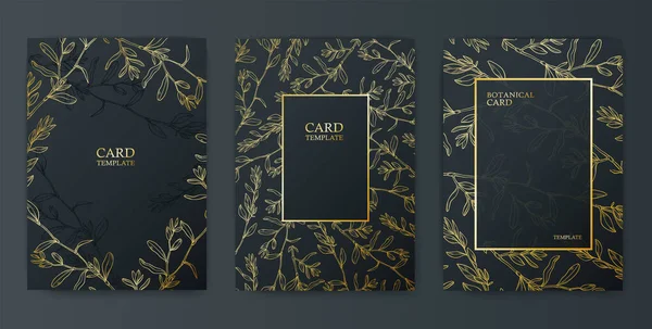 Carte Colore Oro Con Rami Floreali Sullo Sfondo Scuro Cartoline — Vettoriale Stock