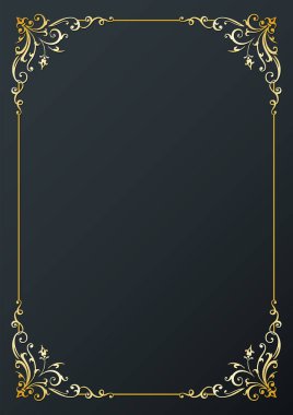 Kaligrafik altın çerçeve ve siyah arkaplan üzerine sayfa dekorasyonu. Vektör çizimi. Dekoratif dikey öge, kenar ve çerçeve taşıyıcısı.