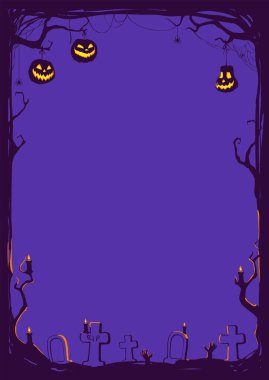 Cadılar Bayramı arka planında dallar ve mor arka planda Jack O 'Lanternler var. Metnin için yer alan vektör poster illüstrasyonu.