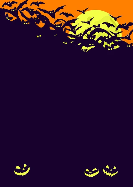Silhouette Scura Uno Stormo Pipistrelli Volanti Sfondo Arancione Con Luna — Vettoriale Stock