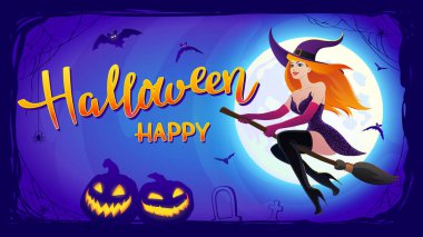 Ay 'la Cadılar Bayramı gecesi geçmişi ve süpürge sapında seksi kızıl saçlı cadı, yarasalar ve Fenerler. Gece arkaplanında gülümseyen balkabakları olan vektör posteri çizimi.