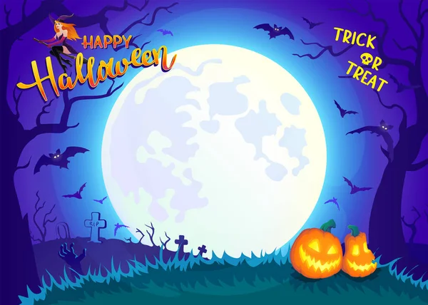 Fond Nuit Halloween Avec Lune Sorcière Sur Balai Chauves Souris — Image vectorielle